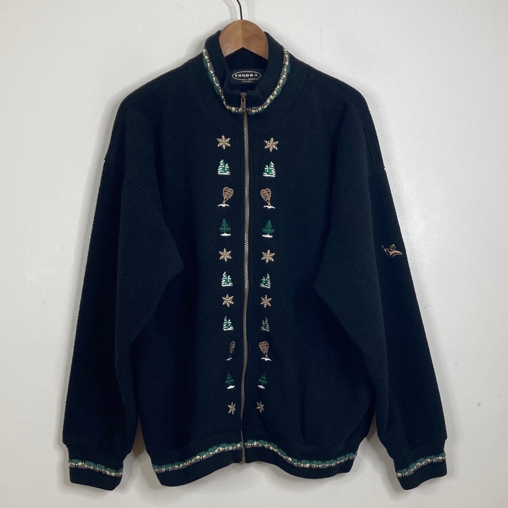 Vintage Tundra Jacket Womens Medium Black Fleece Green Zip Up Made in Canada